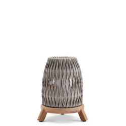 Decorative lantern with woven top and wooden base on a white background