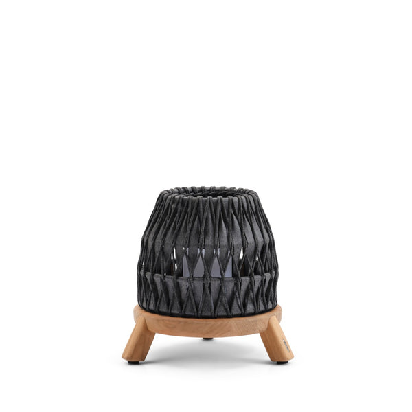 Small Sandua lantern with anthracite woven top and wooden legs on a white background