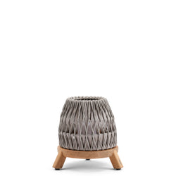Small stool with textured gray seat and wooden legs on a white background