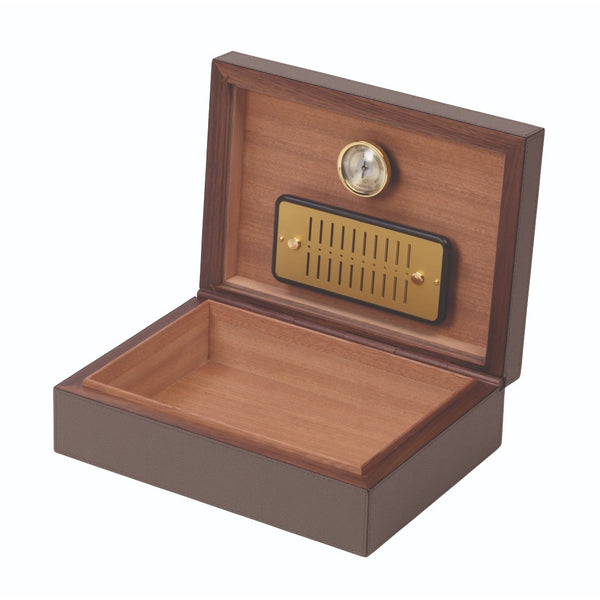 Opened Santiago Humidor Small by Giobagnara in golf leather with cedar interior