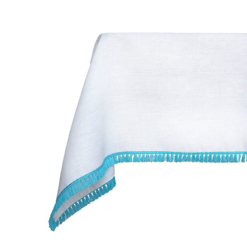 White fabric with blue trim on a white background
