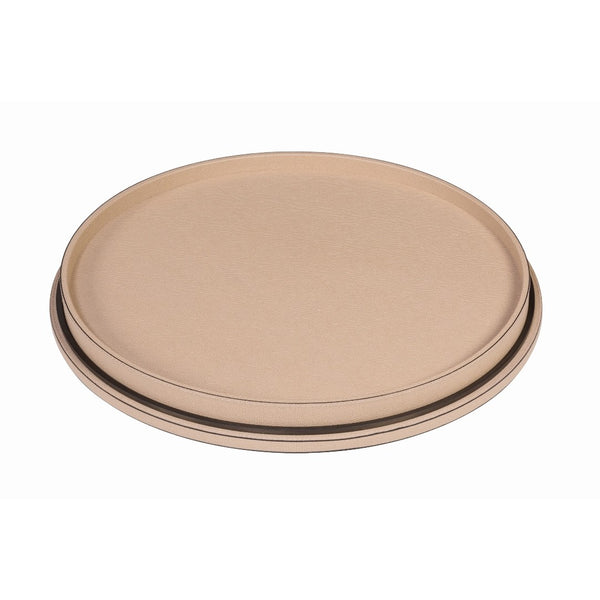 Saturn Lazy Susan tray by Giobagnara in leather with removable tray and metal base, available in chrome, bronze, or brass.
