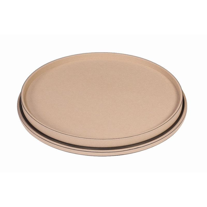 Saturn Lazy Susan tray by Giobagnara in leather with removable tray and metal base, available in chrome, bronze, or brass.