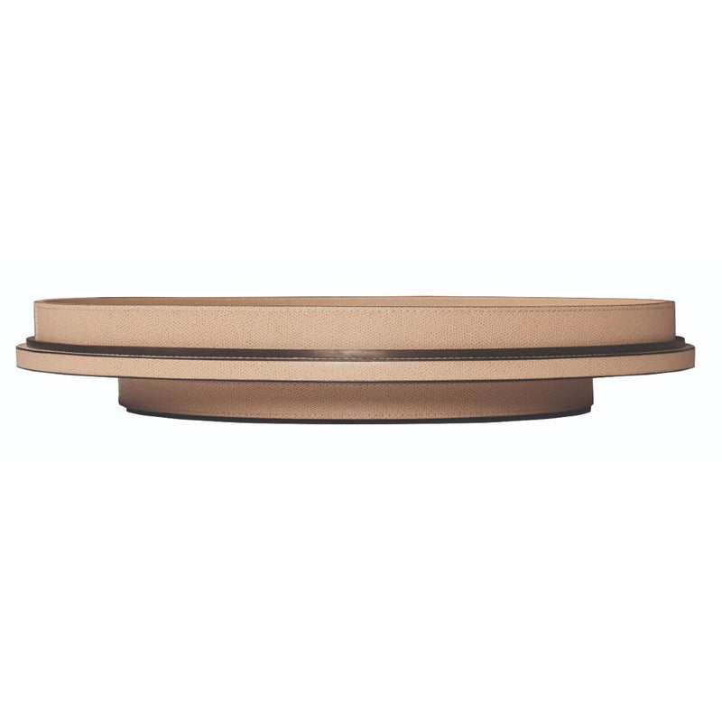 Saturn Lazy Susan tray side by Giobagnara in leather with removable tray and metal base, available in chrome, bronze, or brass.
