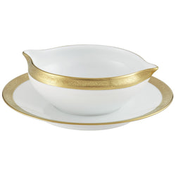 Luxury porcelain sauce boat with matching stand and gold inlay from the Ambassador Gold collection by Raynaud
