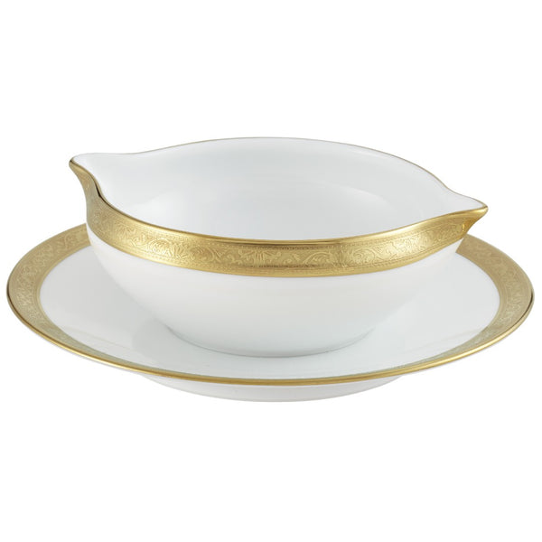 Luxury porcelain sauce boat with matching stand and gold inlay from the Ambassador Gold collection by Raynaud