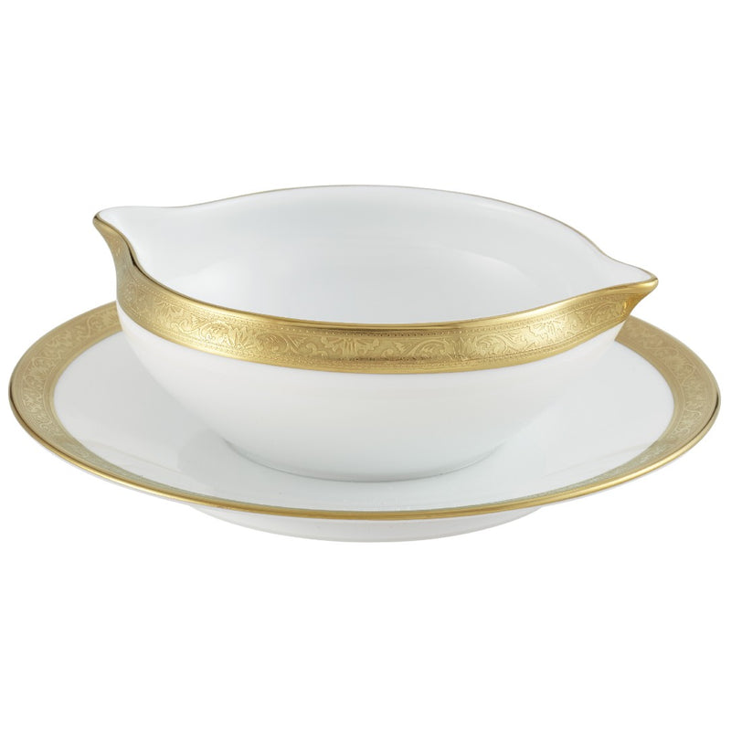 Luxury porcelain sauce boat with matching stand and gold inlay from the Ambassador Gold collection by Raynaud