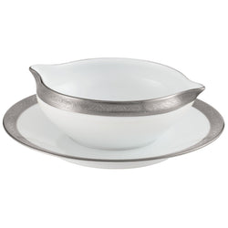 Raynaud Ambassador Platine porcelain sauce boat with matching stand and platinum border