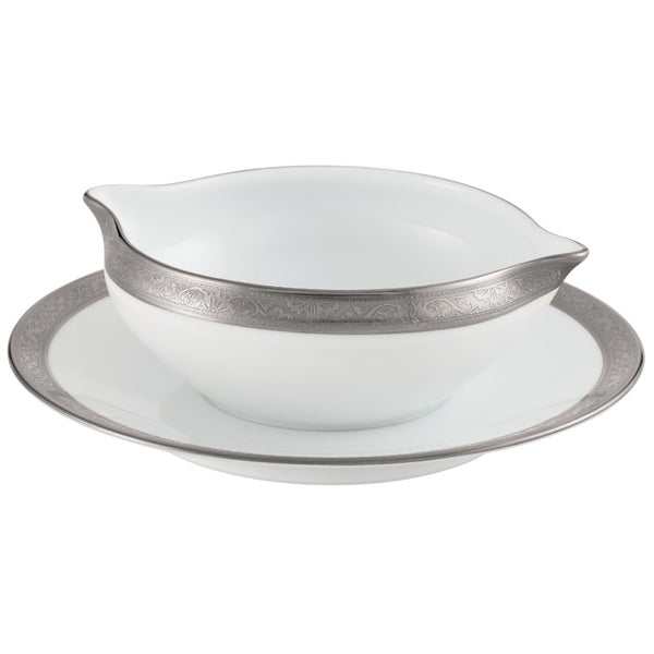 Raynaud Ambassador Platine porcelain sauce boat with matching stand and platinum border