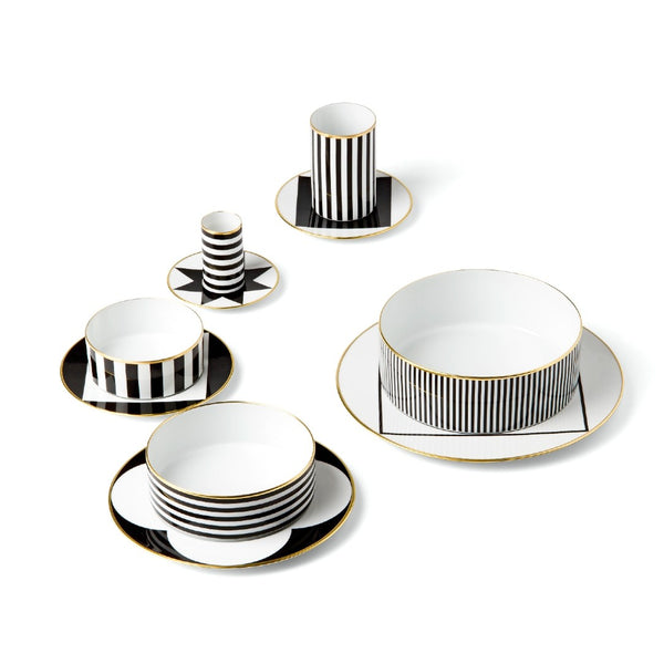 Porcelain saucer with rim decorated with bold black and white design finished with gold rim from ca d oro sieger furstenberg