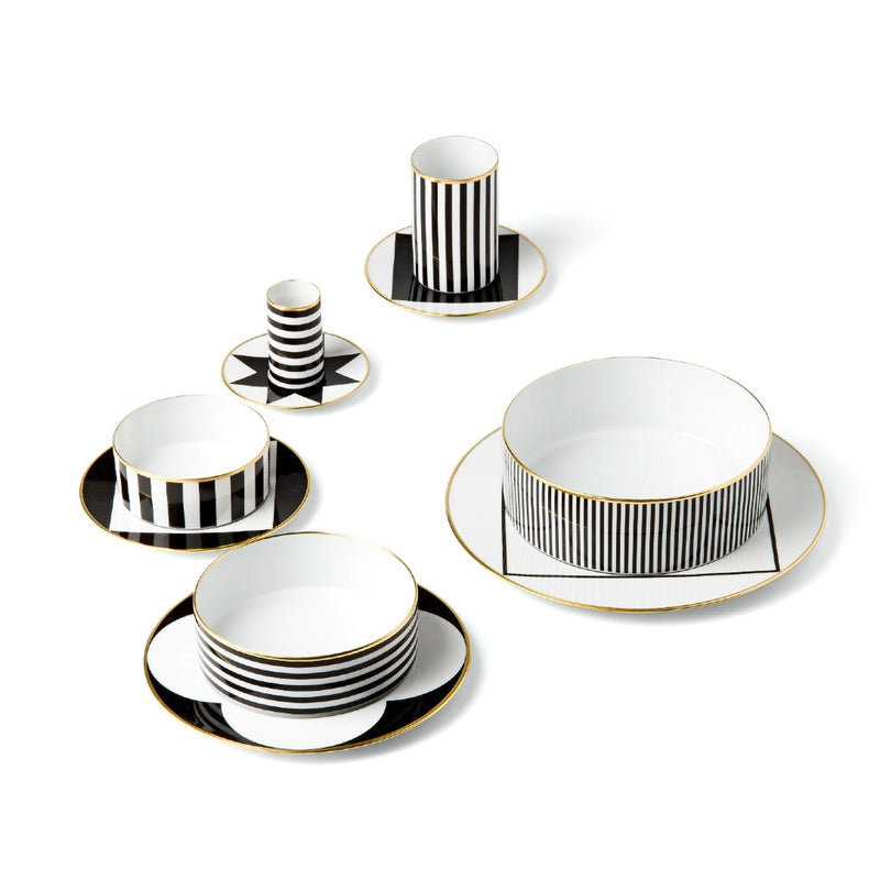 Porcelain saucer with rim decorated with bold black and white design finished with gold rim from ca d oro sieger furstenberg