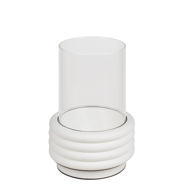 A white lantern with a glass top and a stacked design made of calfskin leather, part of the 'Scala' collection by Stephane Parmentier for GioBagnara.