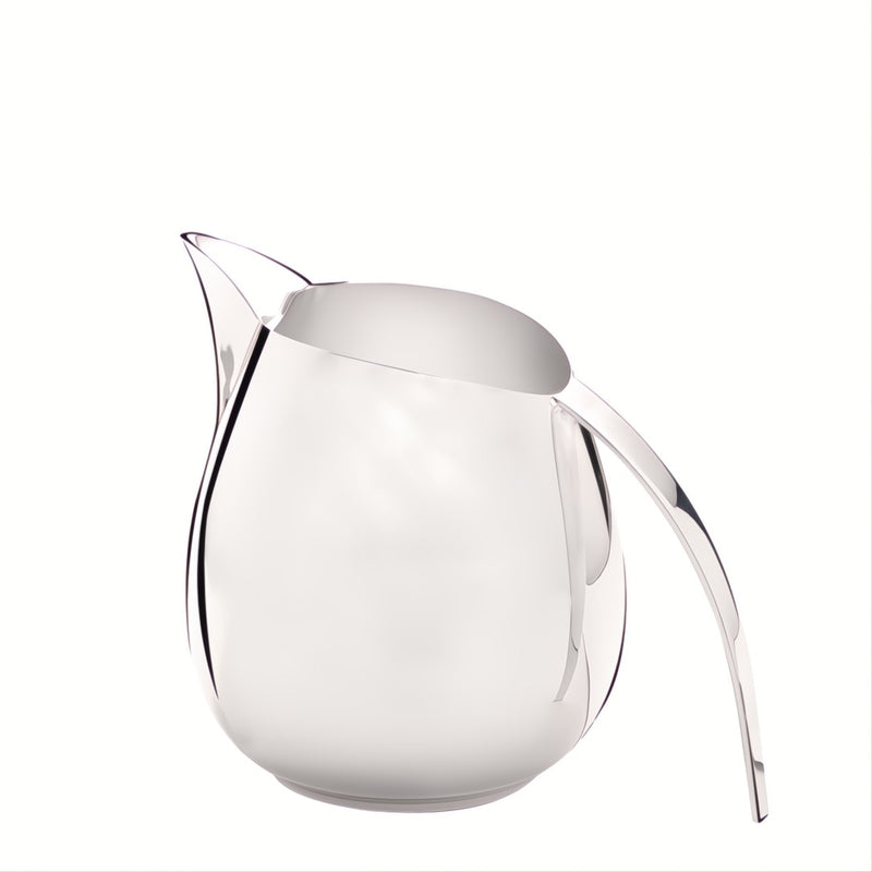 Luxury 1.2 L sculptural silver-plated pitcher by Greggio with arched handle and rounded body – handcrafted Italian design for elegant dining.