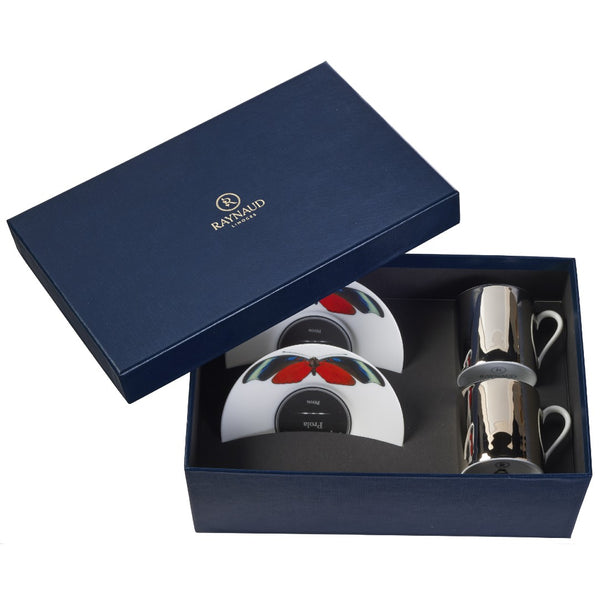 Set of 2 Espresso Cups Platinum Mirror and Saucers Red Butterfly in a Gift Box