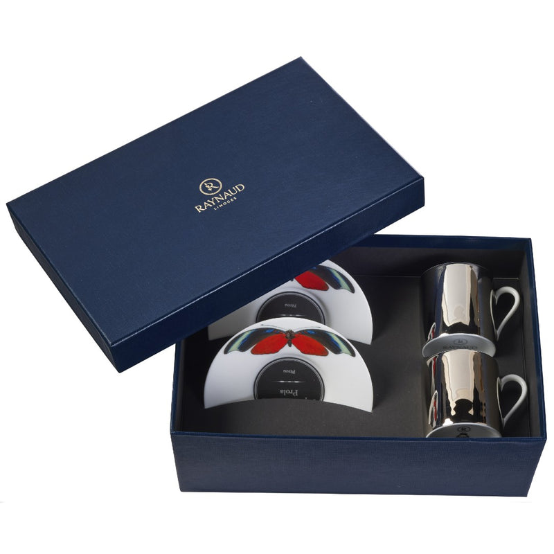 Set of 2 Espresso Cups Platinum Mirror and Saucers Red Butterfly in a Gift Box