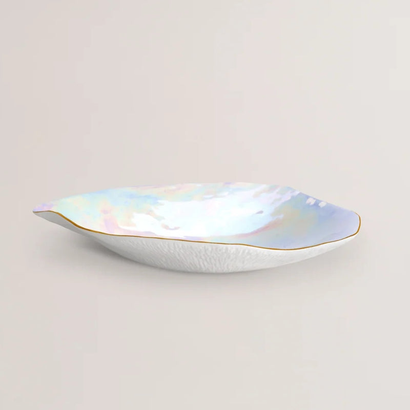 Shell-inspired porcelain large dinner plates Pearlescent finish No6 Indulge on a light gray background