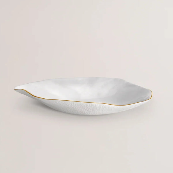 Shell-inspired porcelain large dinner plates White with Golden Rim No6 Indulge on a light gray background