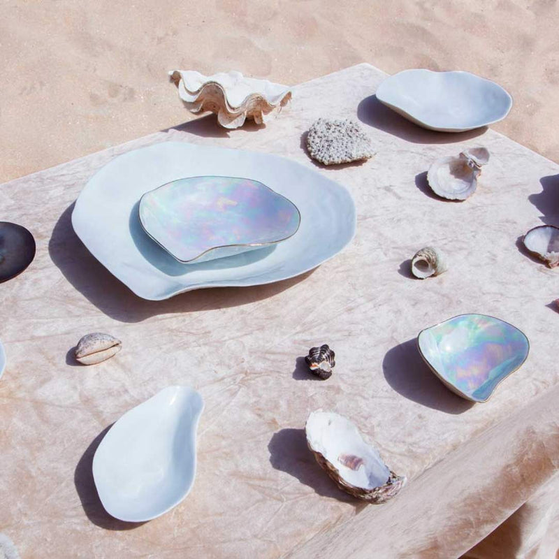 Luxury Limoges porcelain large dinner plates White No6 Indulge Sarah-Linda on a sandy surface