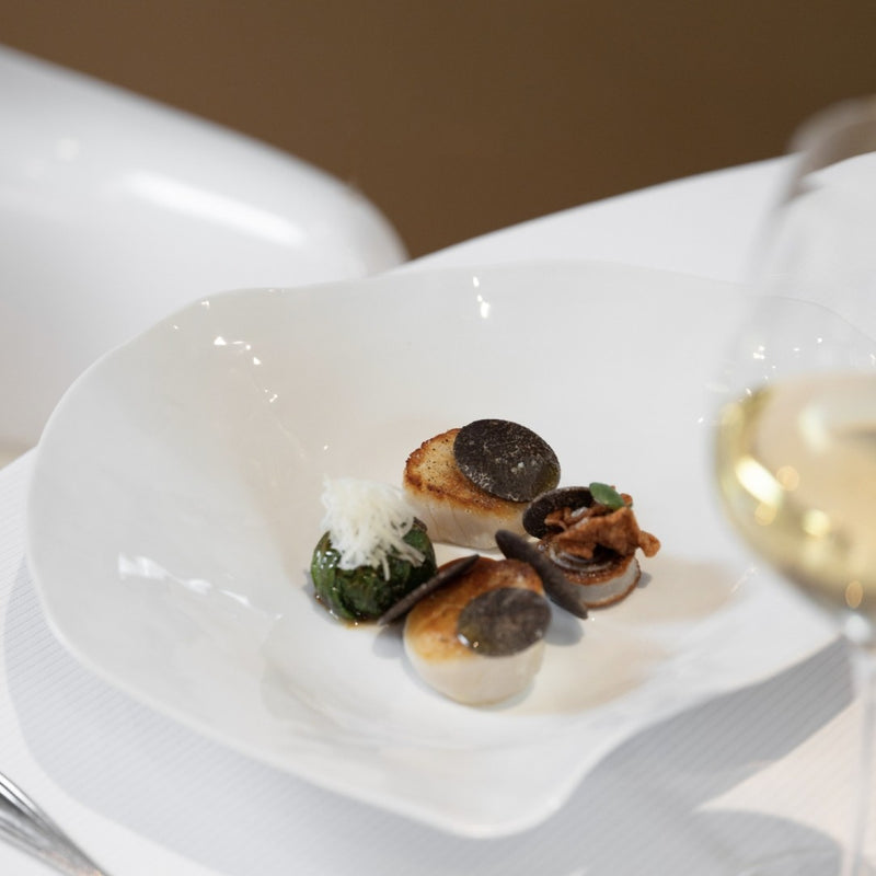Delicate dish of seared scallops with garnishes on a elegant porcelain large dinner plate White No6 Indulge by Sarah-Linda, accompanied by a glass of white wine.