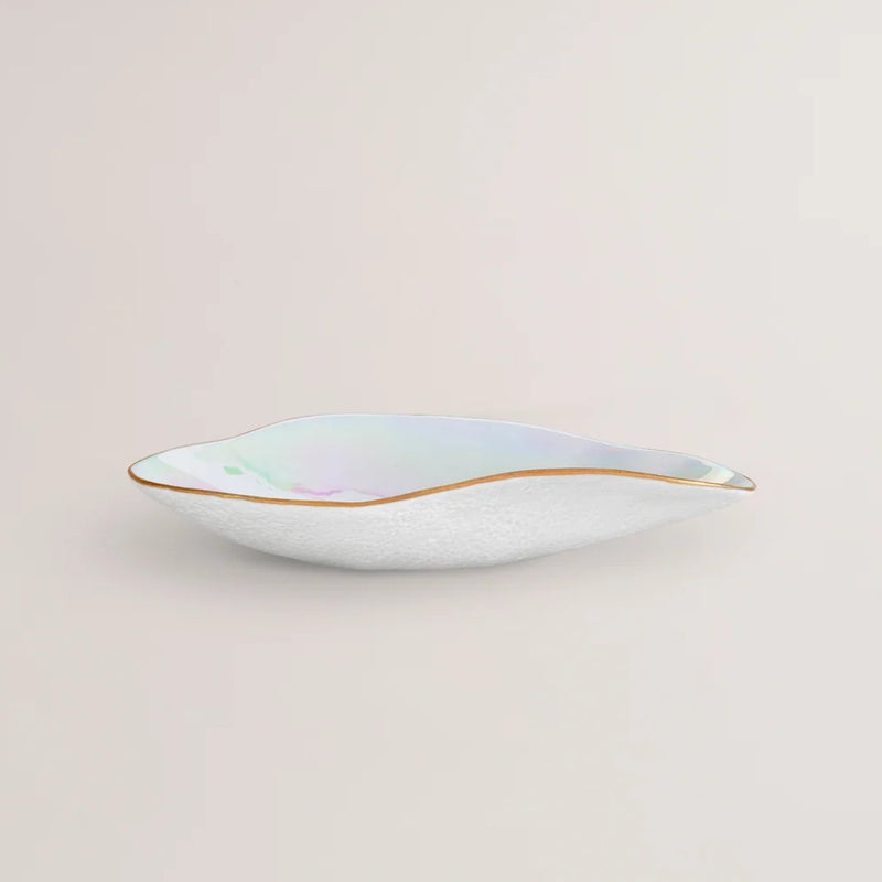 Shell-inspired porcelain side bowls iridescent finish No3 Indulgeon a light beige background