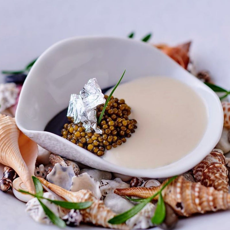 Styled Sculptural porcelain side bowls White Indulge No2 Sarah-Linda featuring caviar and silver foil