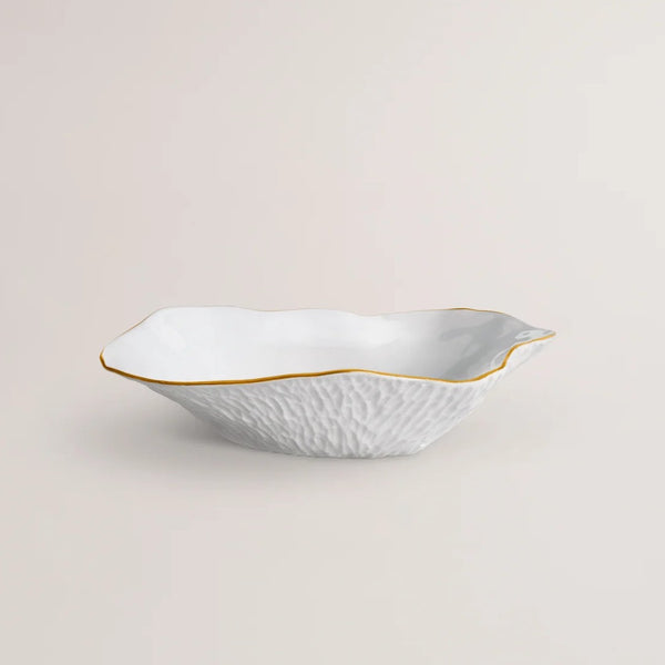 Sarah-Linda set of 2 porcelain small deep plates White with Golden Rim No9 Indulge on a light beige background