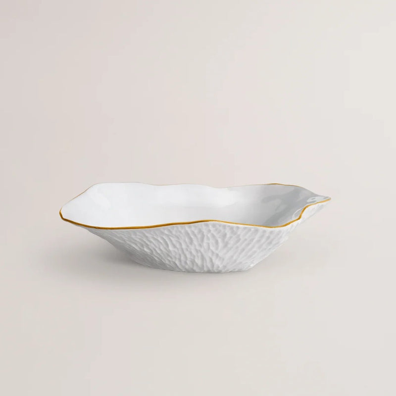 Sarah-Linda set of 2 porcelain small deep plates White with Golden Rim No9 Indulge on a light beige background