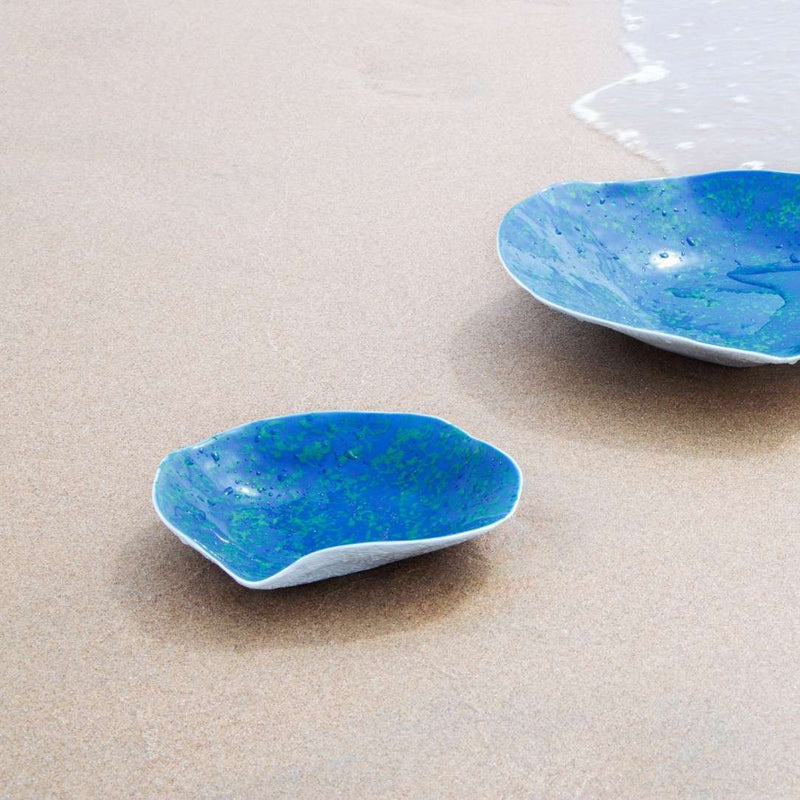 Luxury Limoges porcelain small plates Blue Lagoon No5 Indulge Sarah-Linda on a sandy beach