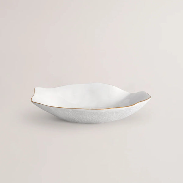 Luxury Limoges porcelain small plates White with golden rim No5 Indulge Sarah-Linda on a light beige background