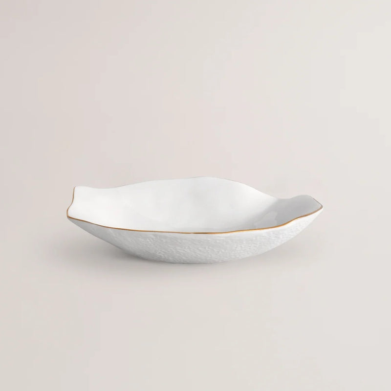 Luxury Limoges porcelain small plates White with golden rim No5 Indulge Sarah-Linda on a light beige background