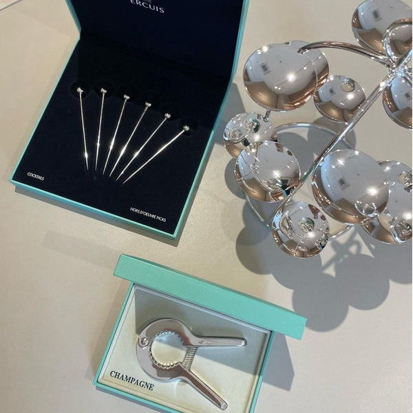 Set of 6 silver-plated Tuileries cocktail picks by Ercuis displayed in presentation box