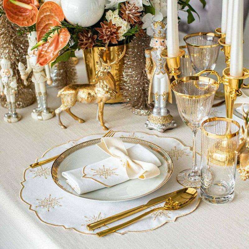 Festive table featuring shiny gold metallic tablecloth with radiant sheen by Roseberry Home
