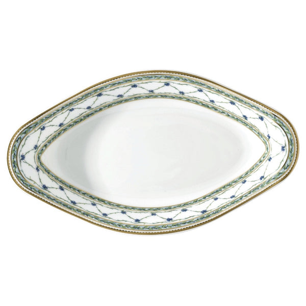 Allée du Roy porcelain side dish by Raynaud with laurel trellis, blue cornflowers, and gold detailing, inspired by 18th-century French royal designs.