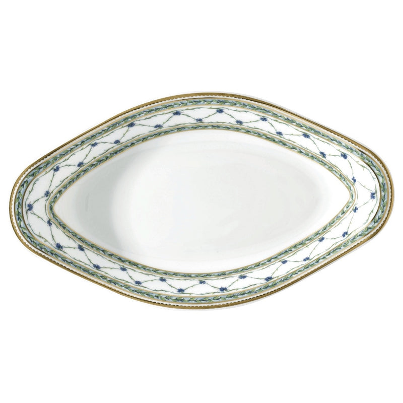 Allée du Roy porcelain side dish by Raynaud with laurel trellis, blue cornflowers, and gold detailing, inspired by 18th-century French royal designs.
