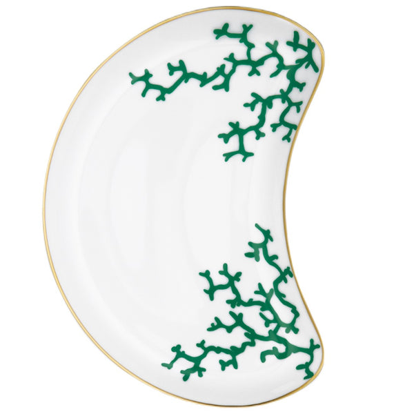 Raynaud Cristobal Emerald Side Dish in Limoges porcelain with emerald green coral motifs and gold rim, crescent-shaped design.