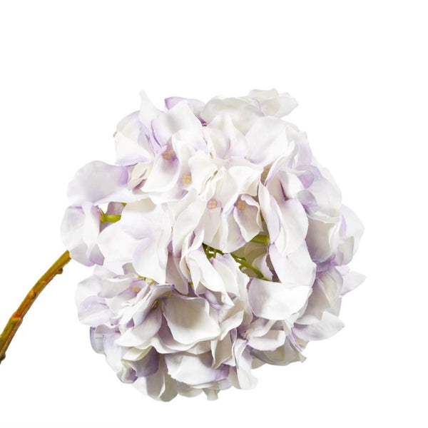 Handcrafted artificial hydrangea stem in lavender and white made from waxed silk by Silk-ka, from the Flowers For Life collection by Amiramour.