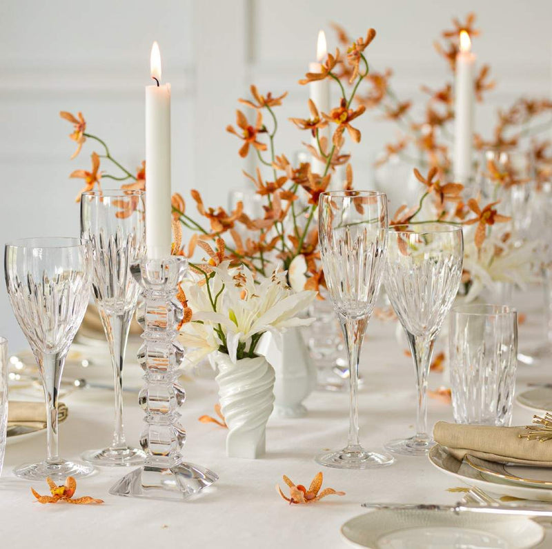 Styled table close-up with Handcrafted artificial Oncidium orchid spray in orange made from waxed silk by Silk-ka