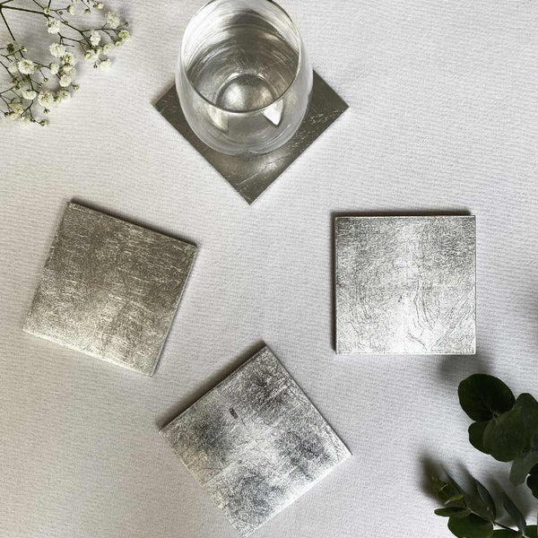 styled Silver Leaf coaster in silver by Posh Trading Company, luxury metallic table accessory

