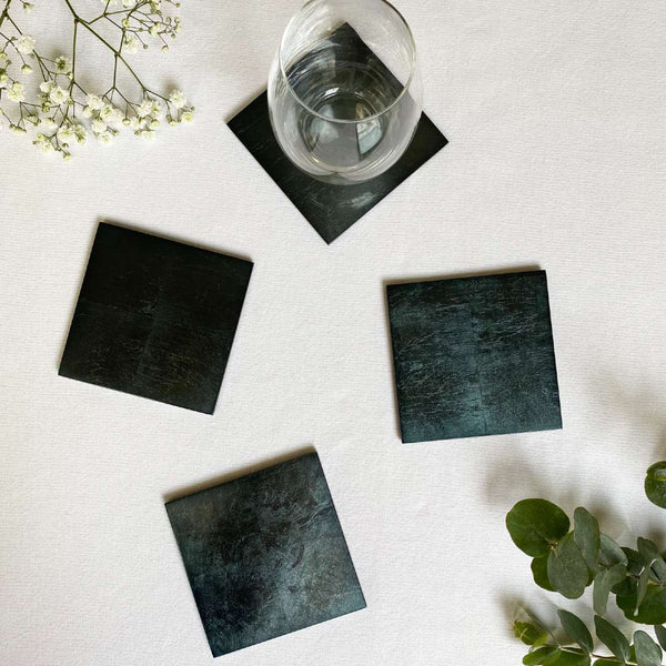 styled Silver Leaf coaster in Stormy Sky by Posh Trading Company, luxury grey-blue tableware