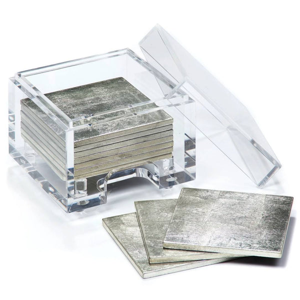 Silver Leaf coasters set of 8 with clear acrylic holder by Posh Trading Company