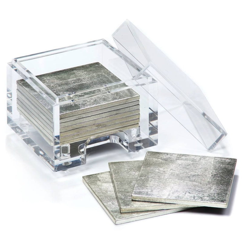 Silver Leaf coasters set of 8 with clear acrylic holder by Posh Trading Company