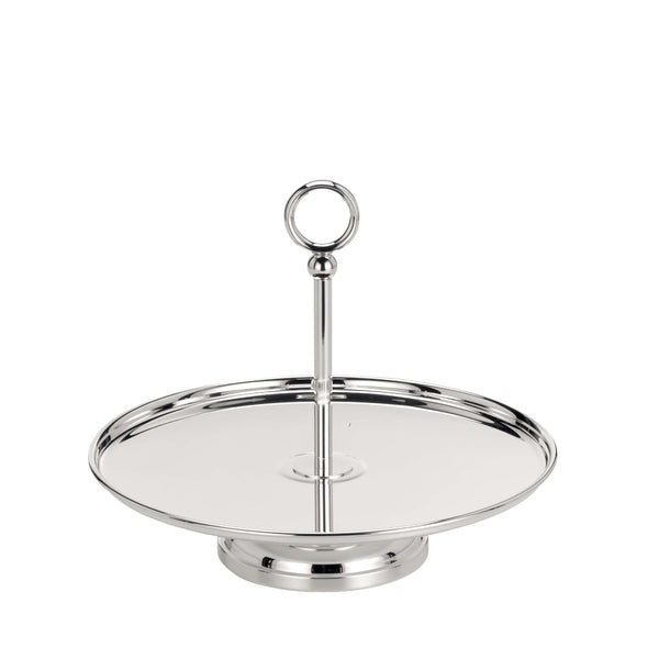 One-tier silver-plated pastry stand with central ring handle from the Eleganza collection by Greggio.