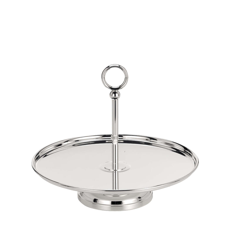 One-tier silver-plated pastry stand with central ring handle from the Eleganza collection by Greggio.