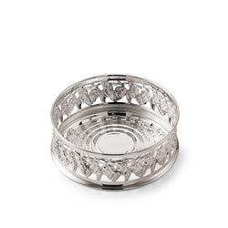 Silver plated pierced wine bottle coaster with grape motifs by Greggio, ornate classic wine accessory