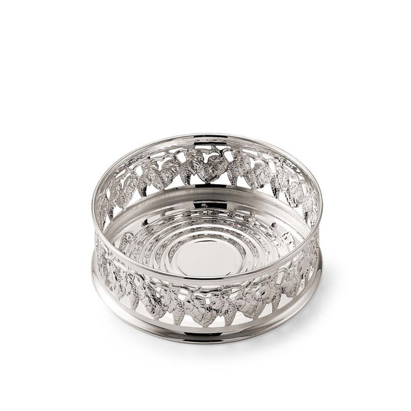 Silver plated pierced wine bottle coaster with grape motifs by Greggio, ornate classic wine accessory