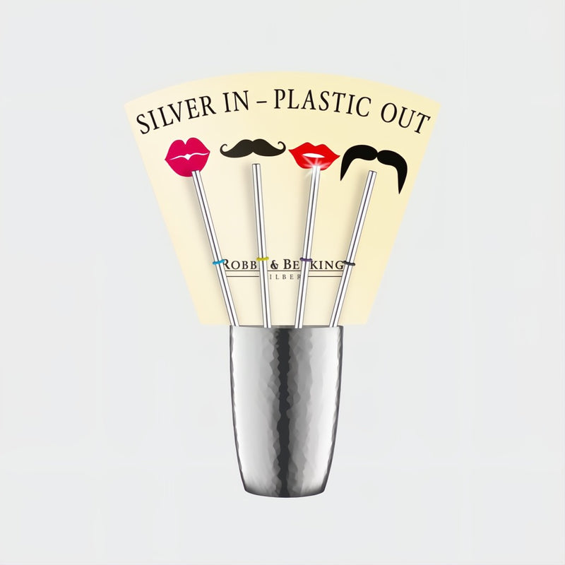 Set of silver straws with a holder labeled 'Silver In, Plastic Out' on a light gray background.