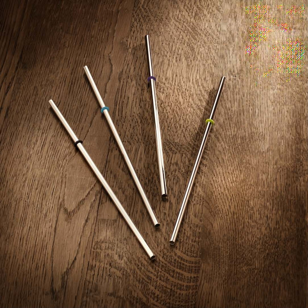 Silver-plated reusable drinking straw with cleaning brush and decorative rings by Robbe & Berking on a wooden surface