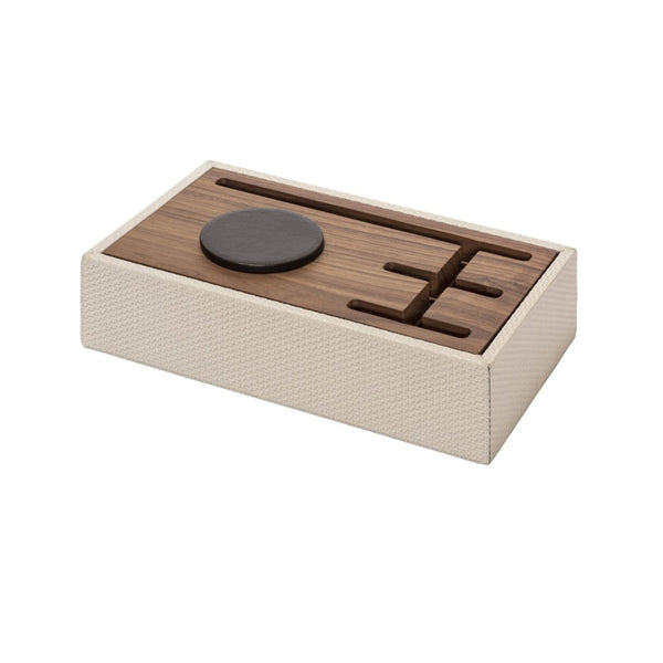 Simon Charging Station in Bellagio Leather by Giobagnara – top view with walnut wood and wireless charging pad