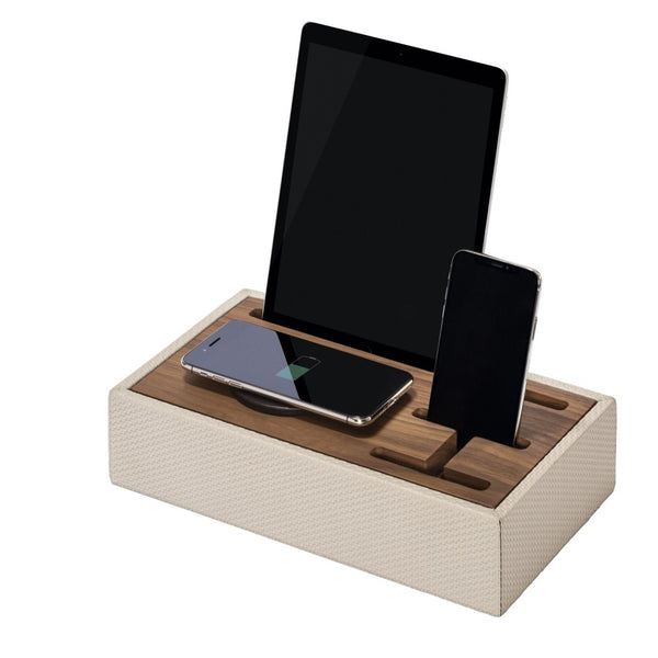Styled Simon Charging Station in Bellagio Leather by Giobagnara – top view with walnut wood and wireless charging pad