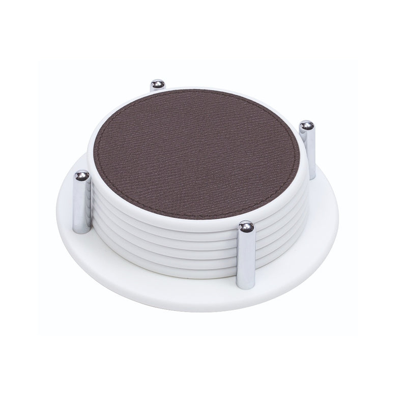 Sirmione round coasters in white Corian® with leather insert and holder by Giobagnara